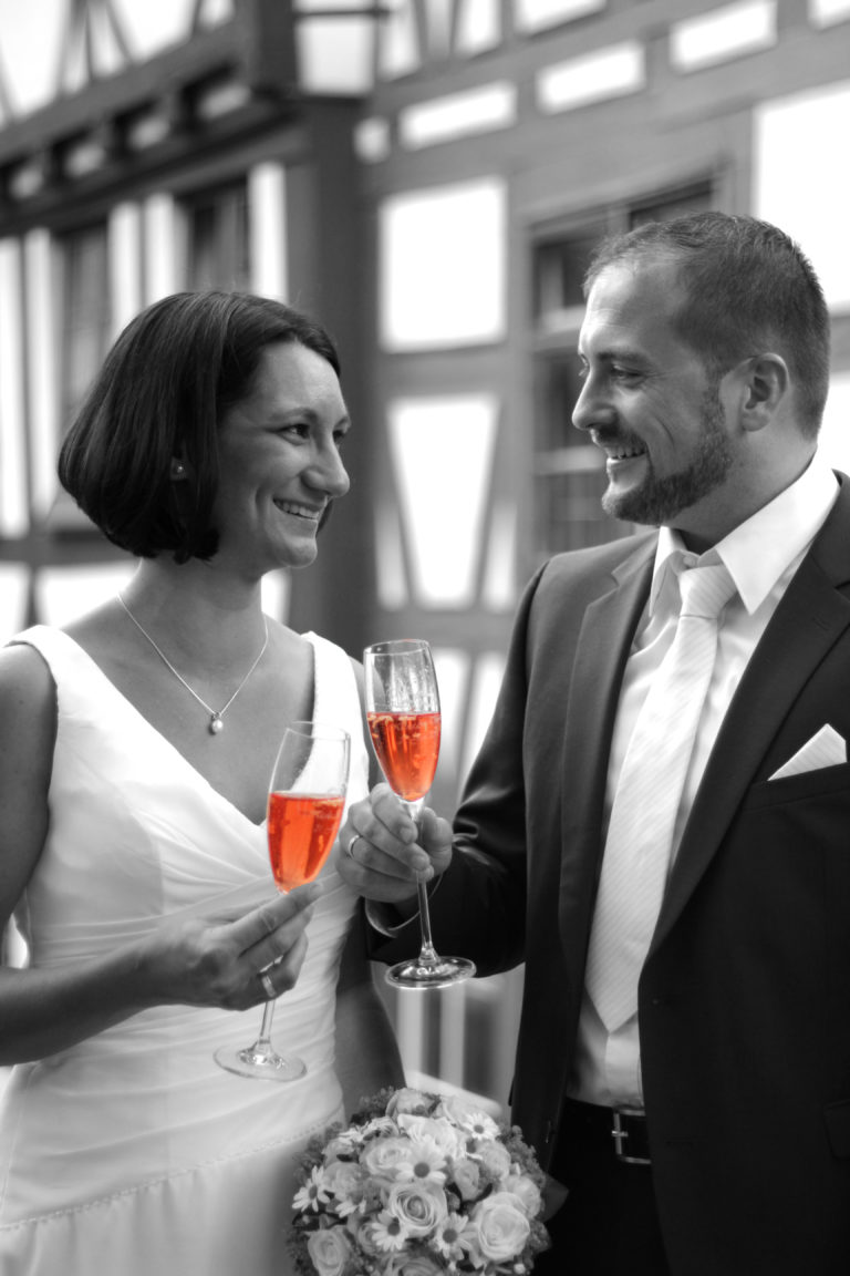 Hochzeitsfotografie Sektempfang colorkey